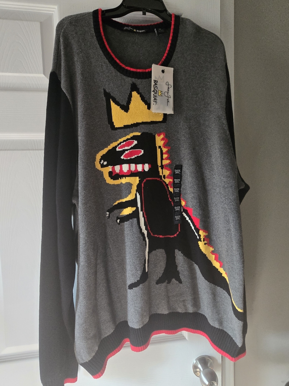 NWT Sean John BASQUIAT Gray & Black Dinosaur Graphic Sweater with Yellow Crown